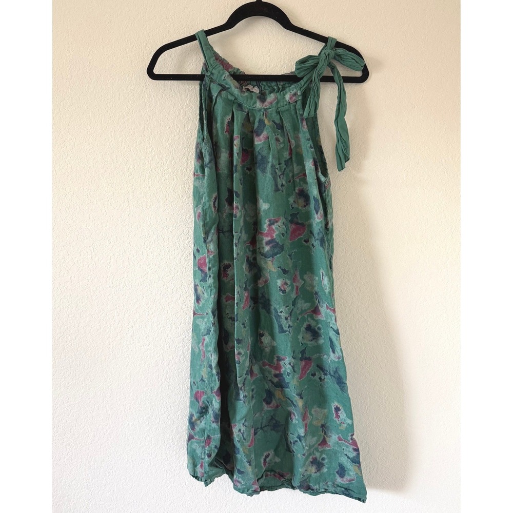 Bellambra Italy Green Watercolor Abstract Print 100% Linen Halter Mini Dress L - Picture 1 of 6
